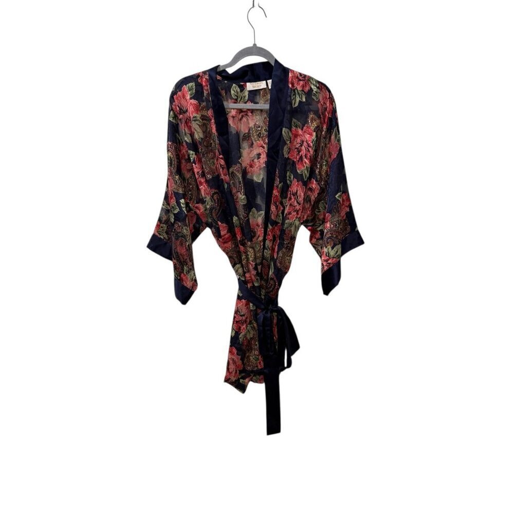 Vintage Gold Tag Victorias Secret Floral Paisley Robe With Waist Tie Navy/Red OS